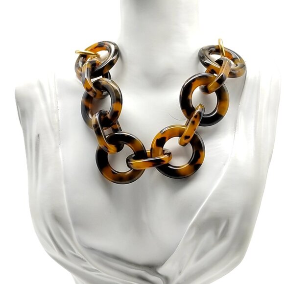 J. Crew Tortoise Shell Chain Link Statement Necklace Gold Tone Chunky - Picture 11 of 11